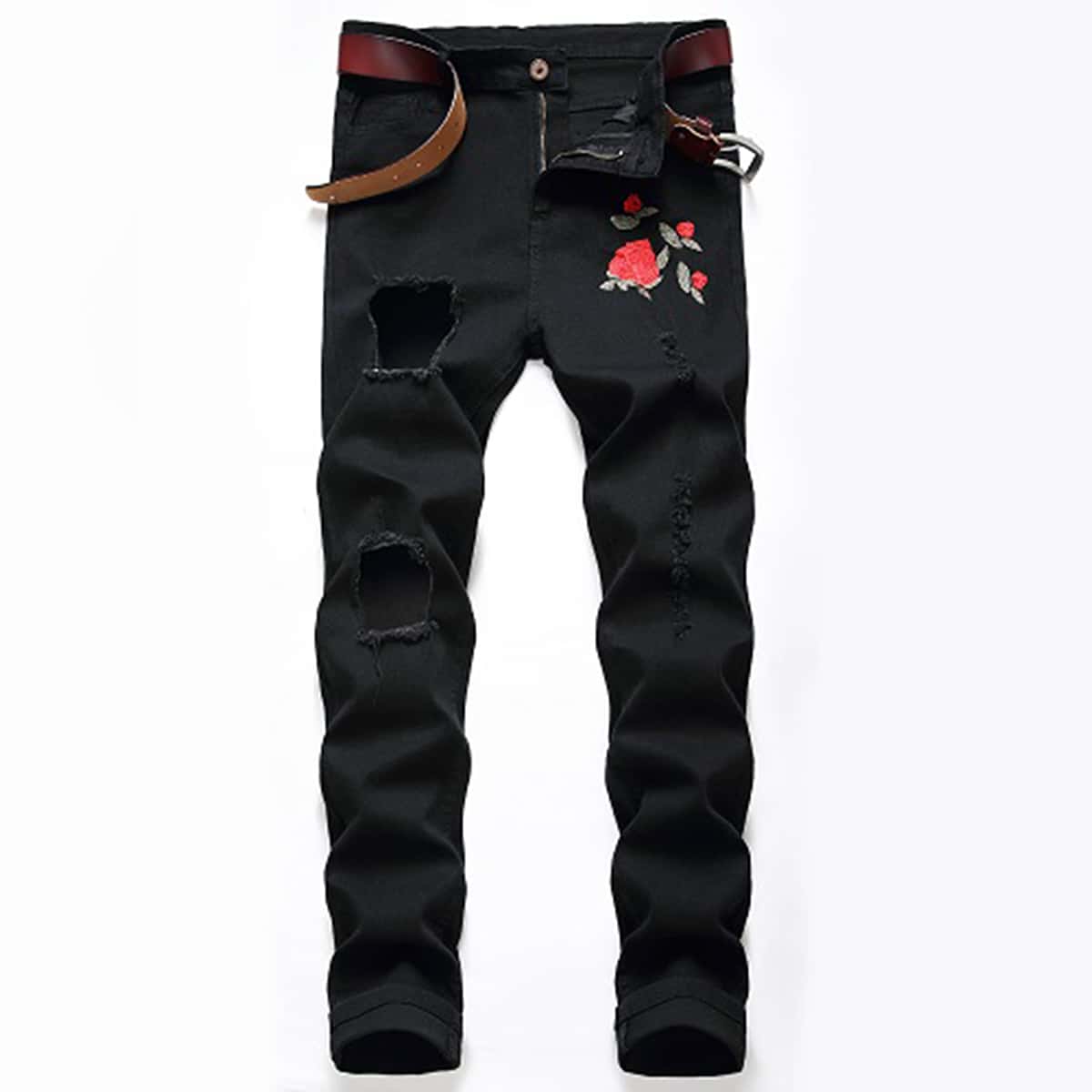 

Guys Floral Embroidery Ripped Jeans, Black