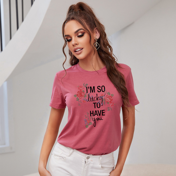 

Slogan & Floral Print Tee, Pink