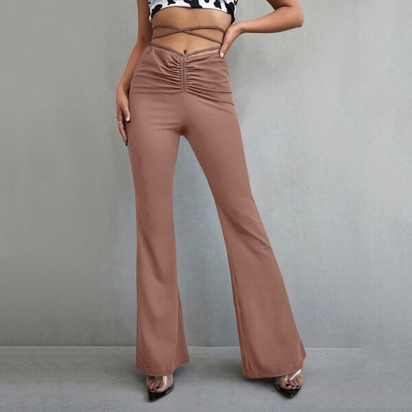 

Criss-cross Ruched Flare Leg Pants, Dusty pink