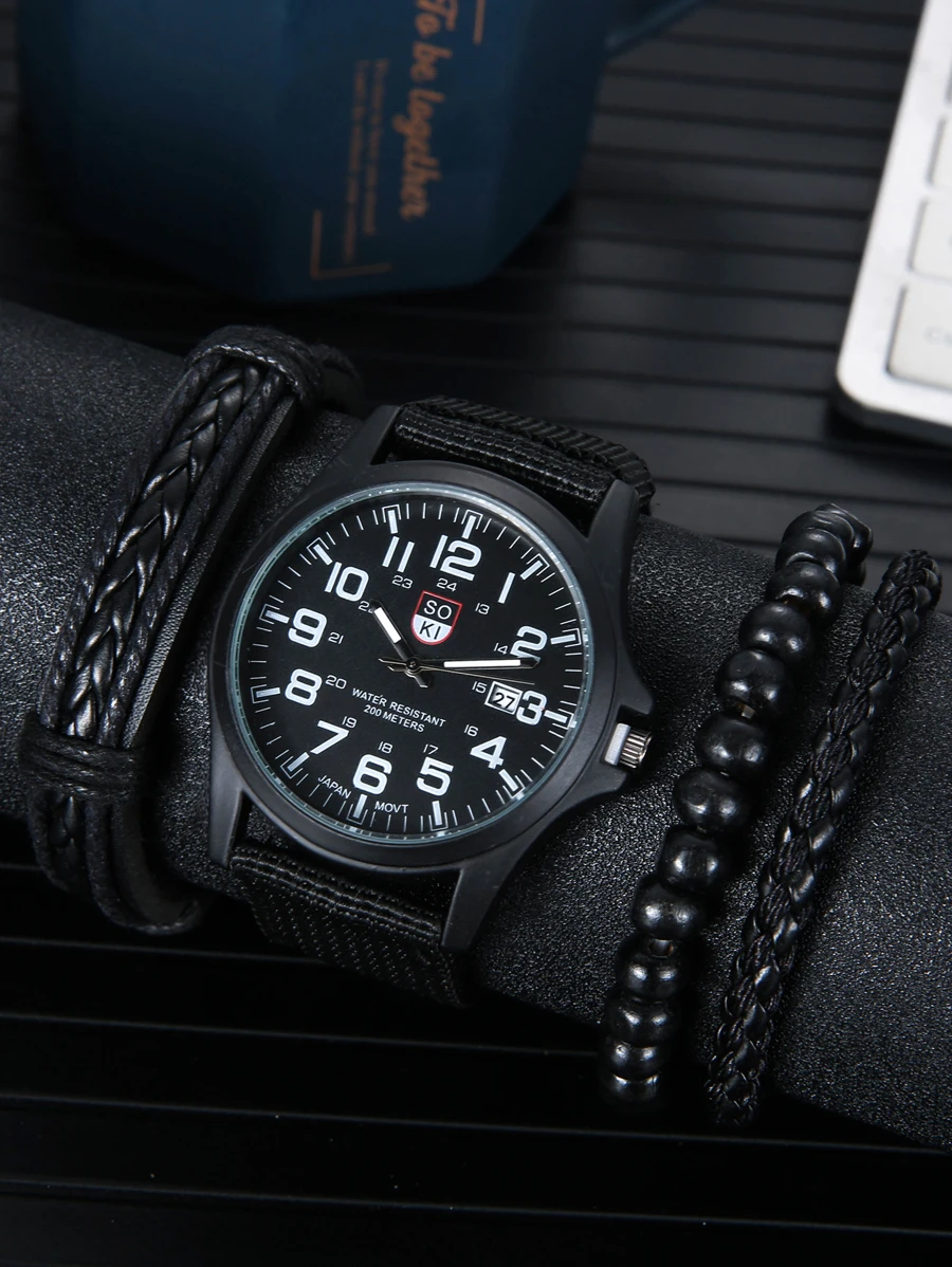 1入組男士圓形指针石英手錶和3入組手鐲 - 黑色 - 查看 1