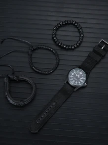 1入組男士圓形指针石英手錶和3入組手鐲 - 黑色 - 查看 2