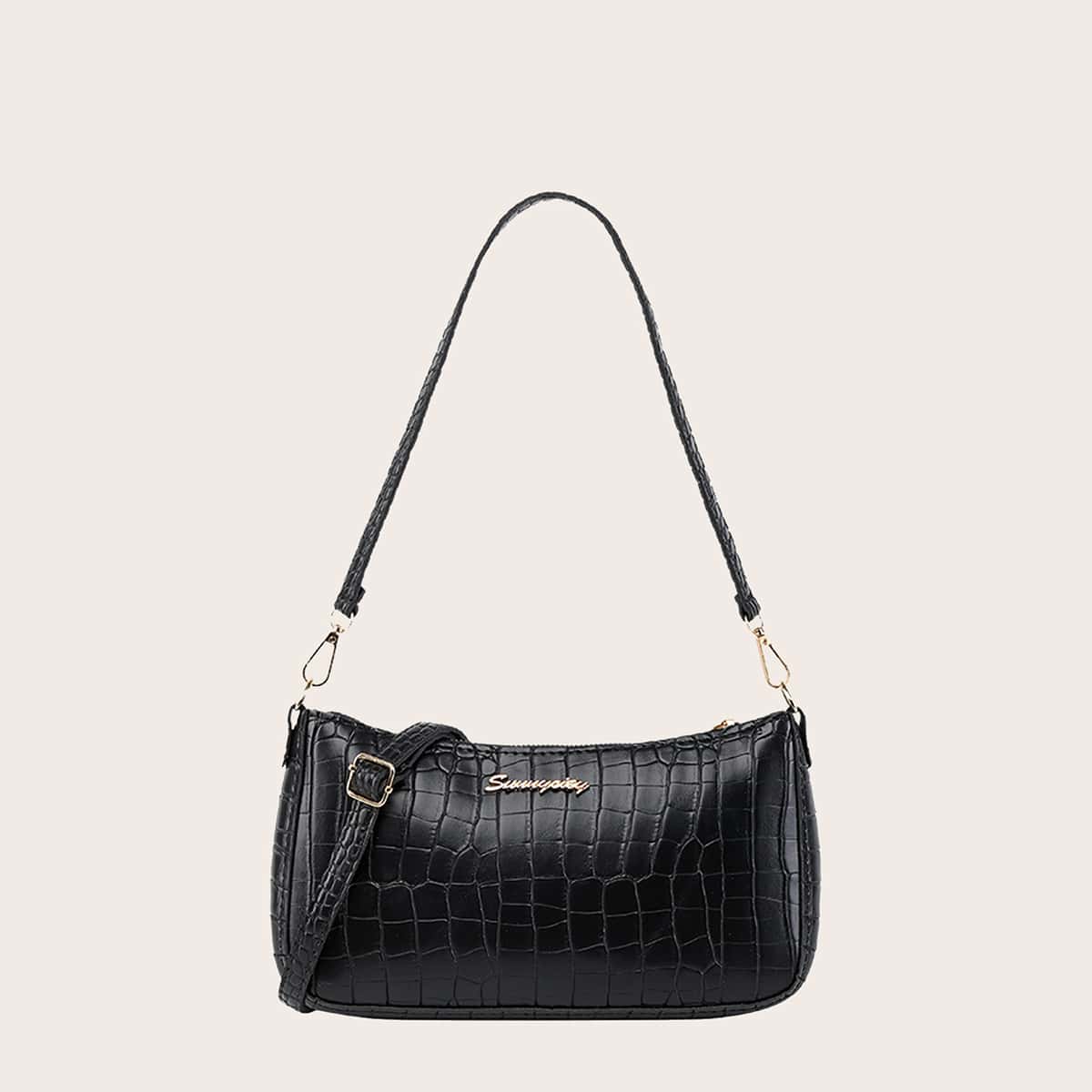 

Croc Embossed Baguette Bag, Black