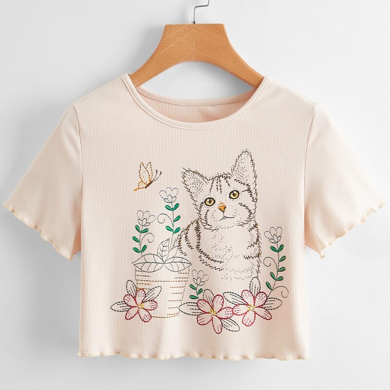 

Cat & Floral Graphic Lettuce Trim Ribbed Tee, Beige