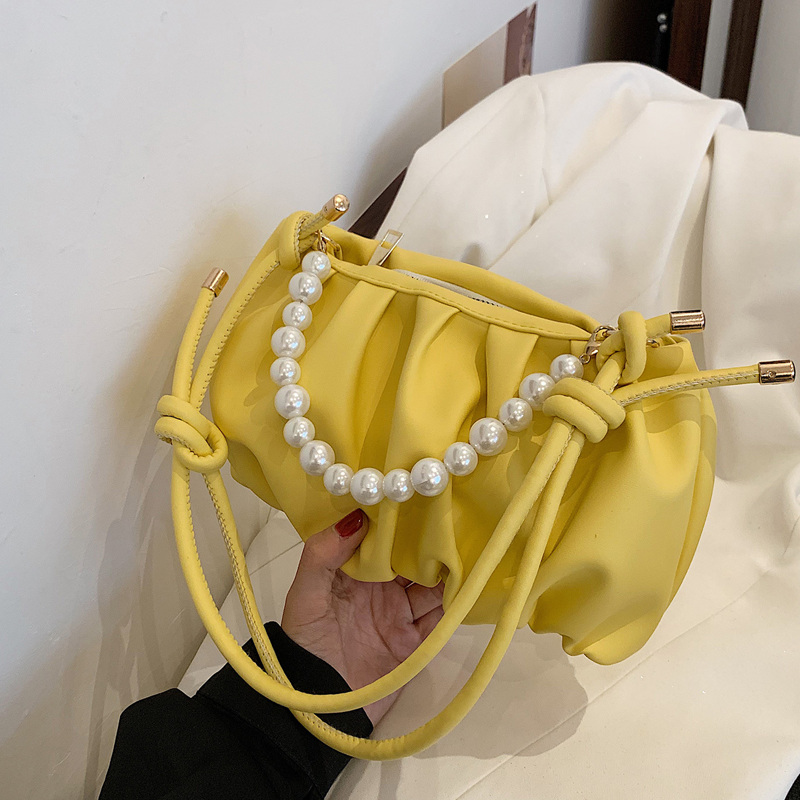 

Faux Pearl Decor Ruched Design Satchel Bag, Yellow