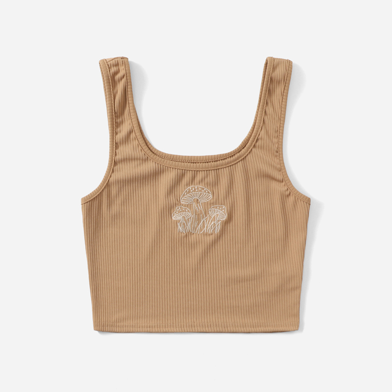 

Mushroom Embroidery Ribbed Tank Top, Brown