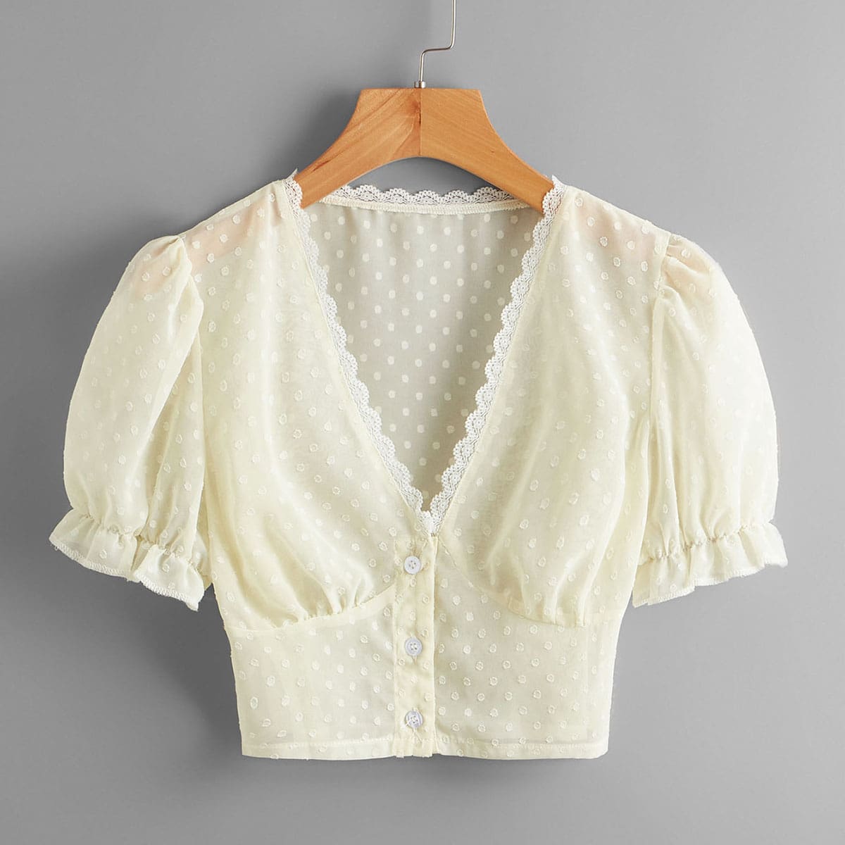 

Swiss Dot Button Front Lace Trim Blouse, Beige