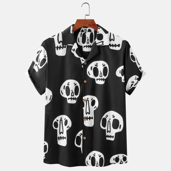 

Men Skull Print Button Front Lapel Collar Shirt, Black