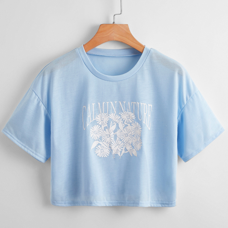 

Letter Floral Graphic Crop Tee, Baby blue