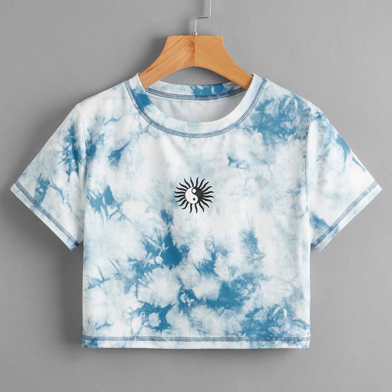 

Stitching Trim Yin And Yang Graphic Tie Dye Crop Tee, Blue and white
