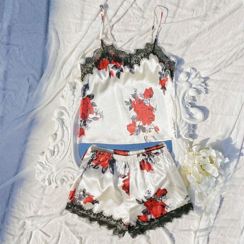 

Lace Trim Floral Print Satin Night Set, Multicolor