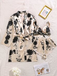 3pcs Floral Print Belted Satin Pajama Set - Multicolor - View 1