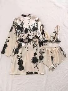 3pcs Floral Print Belted Satin Pajama Set - Multicolor - View 2