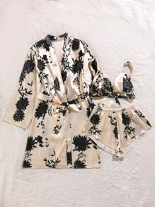 3pcs Floral Print Belted Satin Pajama Set - Multicolor - View 3