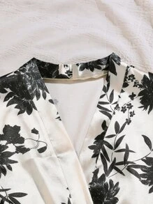 3pcs Floral Print Belted Satin Pajama Set - Multicolor - View 4