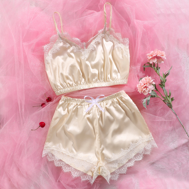 

Lace Trim Bow Detail Satin Night Set, Beige