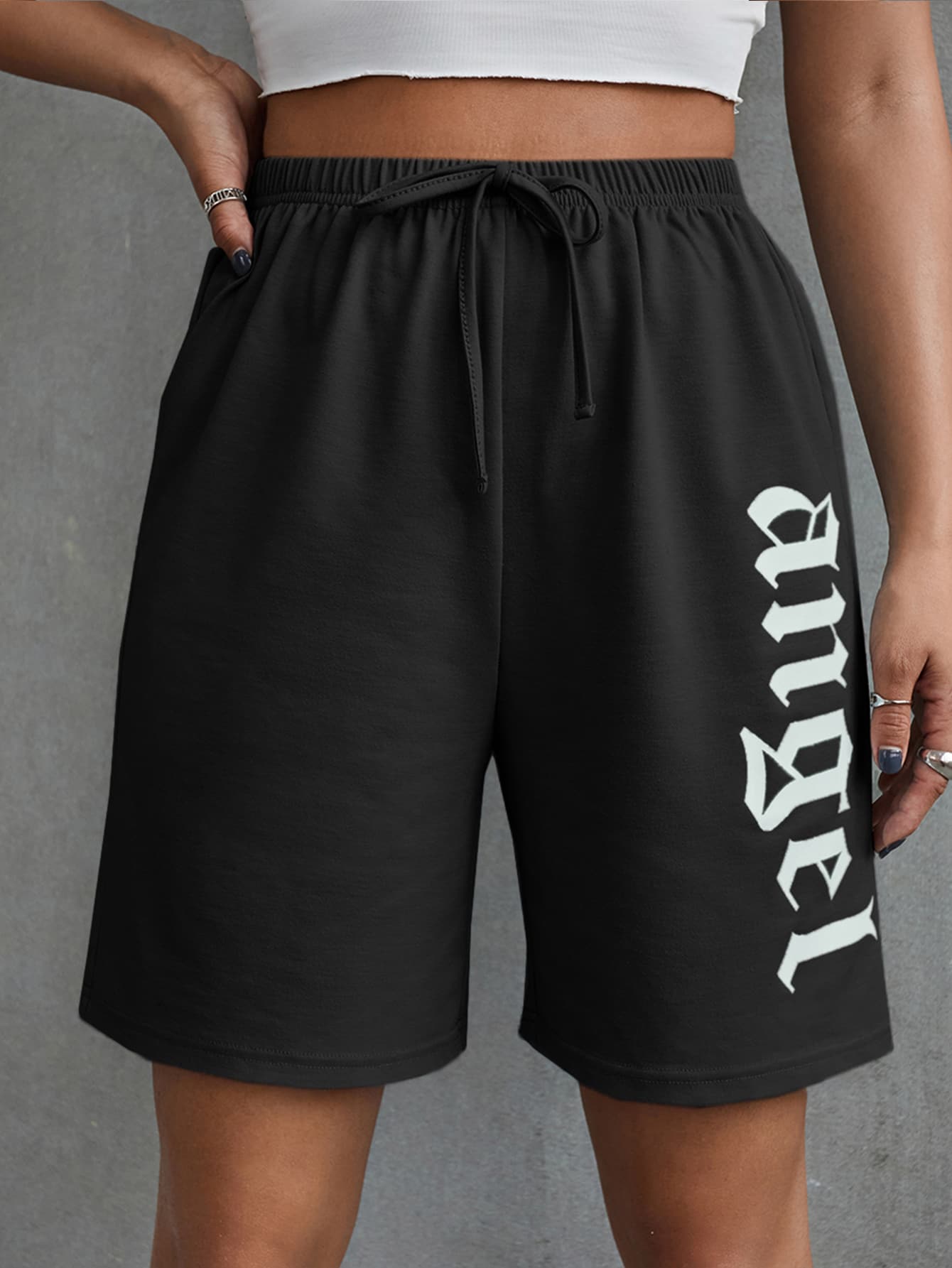 Letter Graphic Knot Waist Track Shorts