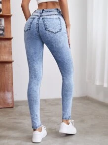 SHEIN Essnce Quần jean Nút màu trơn - Rửa trung bình - Xem 2