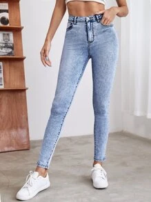 SHEIN Essnce Quần jean Nút màu trơn - Rửa trung bình - Xem 3