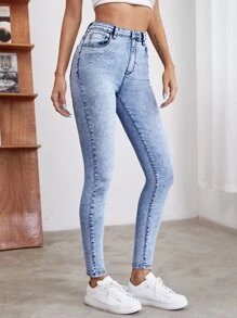 SHEIN Essnce Quần jean Nút màu trơn - Rửa trung bình - Xem 4