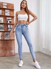 SHEIN Essnce Quần jean Nút màu trơn - Rửa trung bình - Xem 5