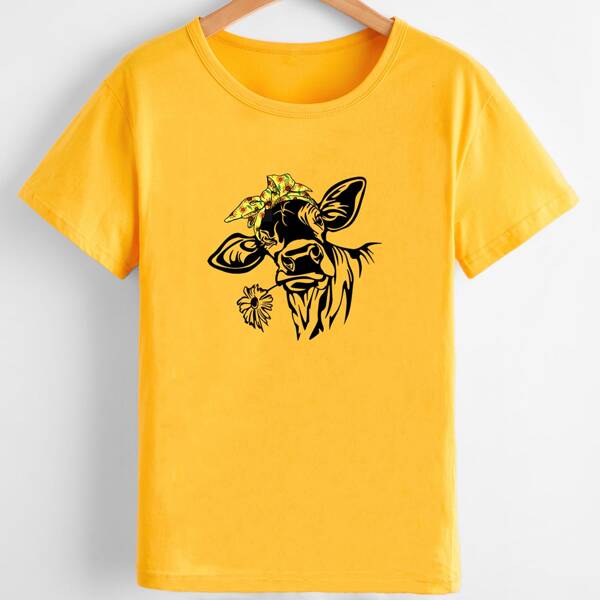 

Cattle & Floral Print Tee, Yellow