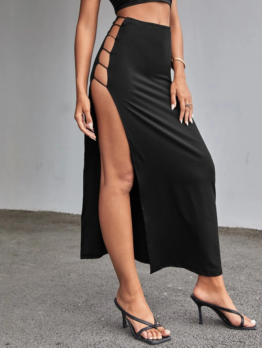 Solid Cut Out Slit Skirt - Black - View 1