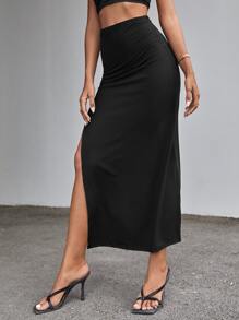 Solid Cut Out Slit Skirt - Black - View 4