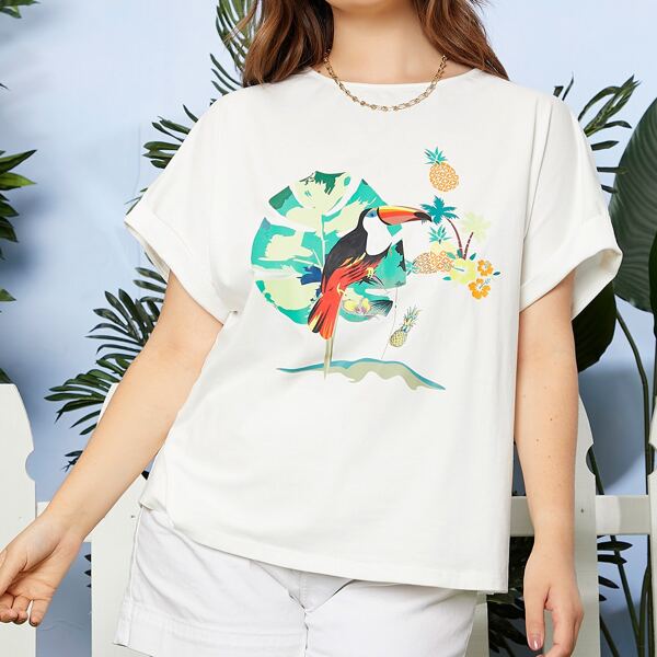 

Plus Rolled Cuff Floral Print Top, White