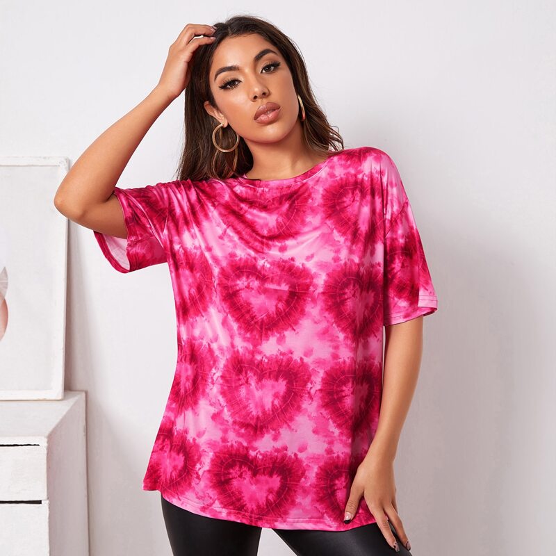 

Tie Dye Heart Print Tee, Hot pink