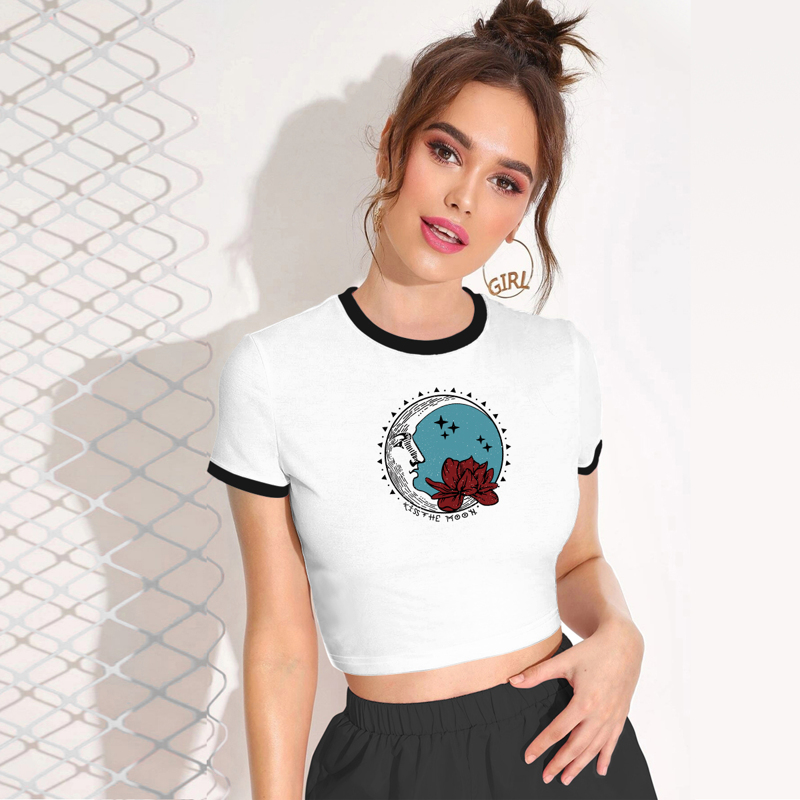 

Moon & Floral Print Ringer Tee, White