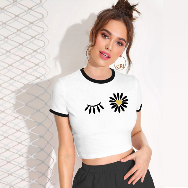 

Floral Print Ringer Tee, White