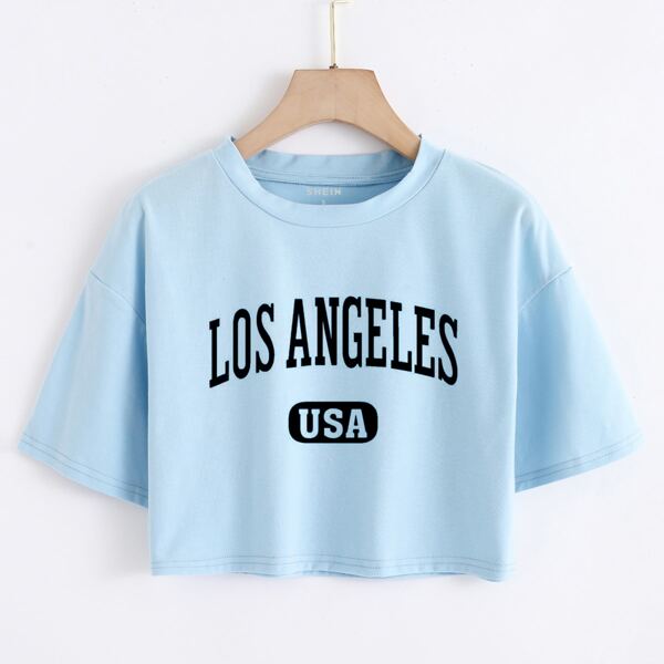 

Drop Shoulder Letter Graphic Crop Tee, Baby blue