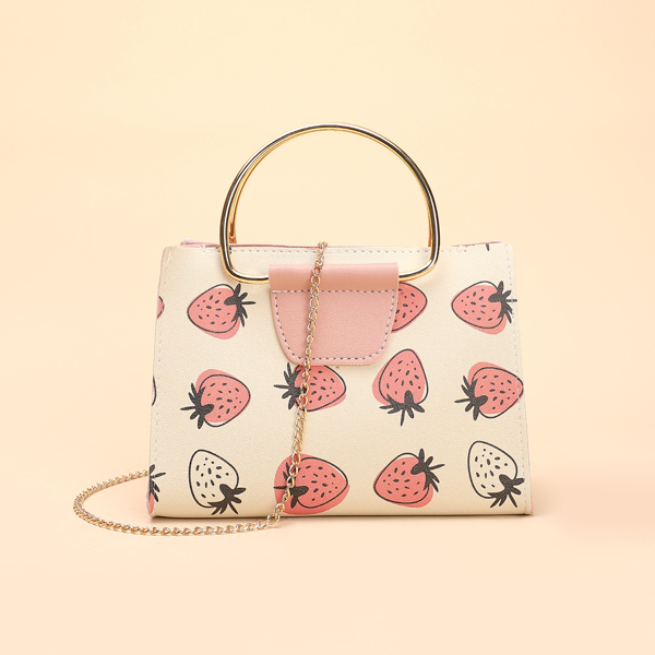 

Strawberry Graphic Ring Handle Chain Bag, Apricot