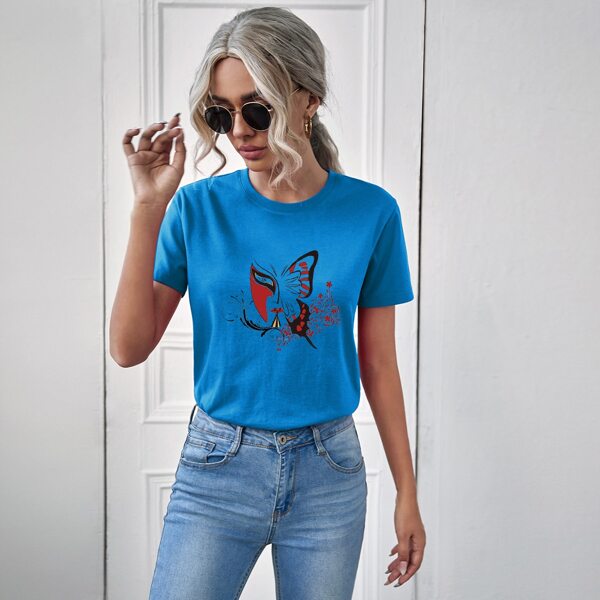 

Butterfly And Flower Print Tee, Blue