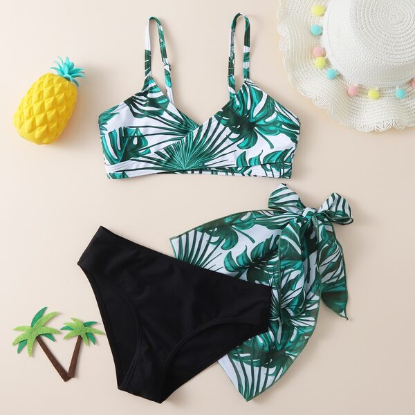 

3pack Girls Tropical Print Bikini Swimsuit & Beach Skirt, Green