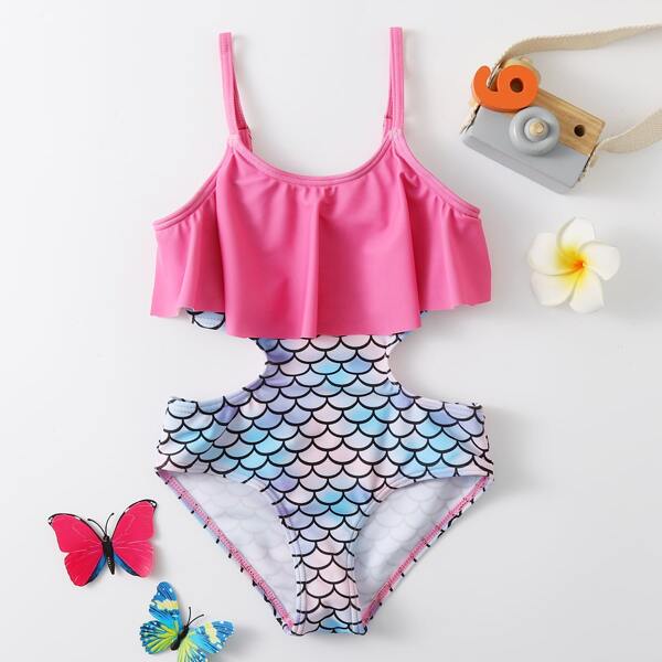 

Toddler Girls Fish Scale Cut-out Flounce One Piece Swimsuit, Multicolor