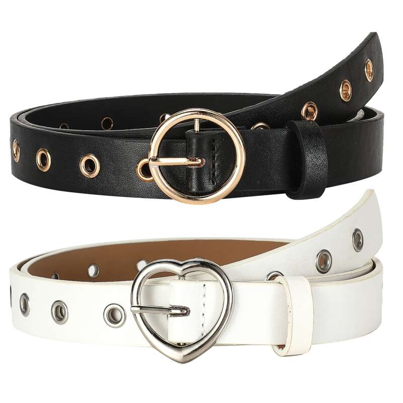 

2pcs Eyelet Metal Buckle Belt, Black