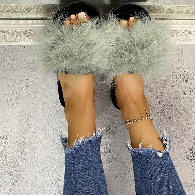 

Open Toe Fluffy Slippers, Green