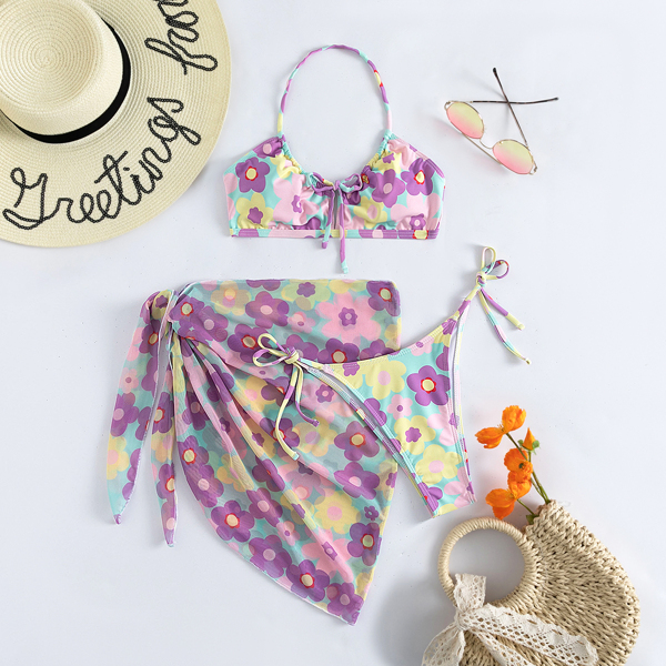 

3pack Floral Halter Tie Side Bikini Swimsuit & Beach Skirt, Multicolor