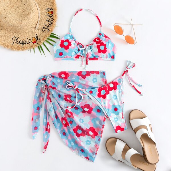 

3pack Floral Halter Tie Side Bikini Swimsuit & Beach Skirt, Multicolor
