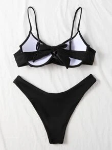 Plain Push Up High Cut Bikini, For Summer Beach Vacation - Black - View 2