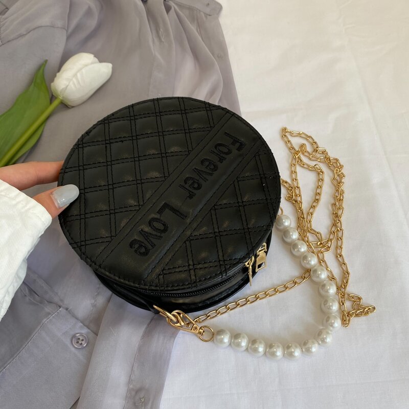 

Faux Pearl Decor Quilted Chain Satchel Bag, Black