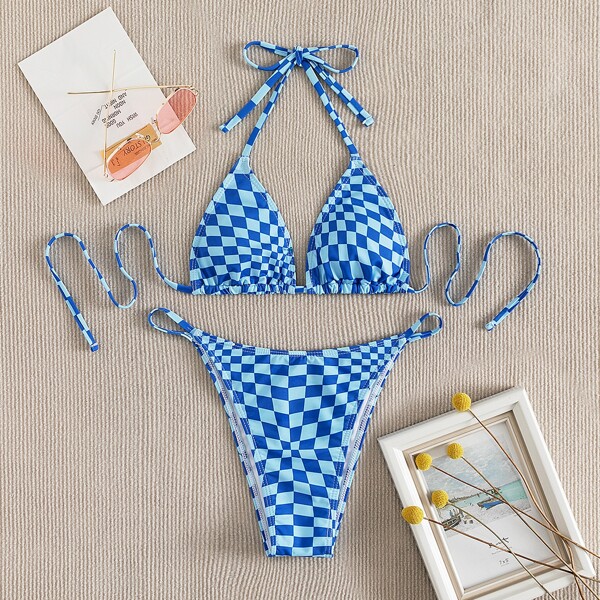 

Checkered Pattern Triangle Thong Bikini Swimsuit, Multicolor