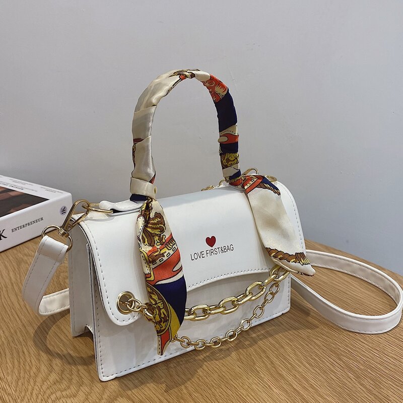 

Chain Decor Letter Graphic Satchel Bag, White