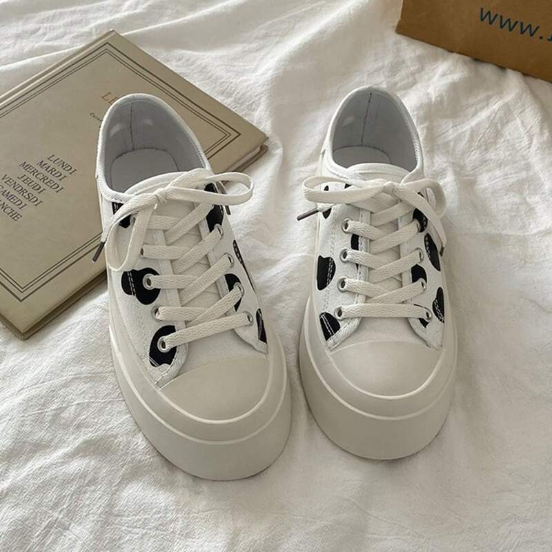 

Cow Print Lace Up Front Canvas Shoes, White