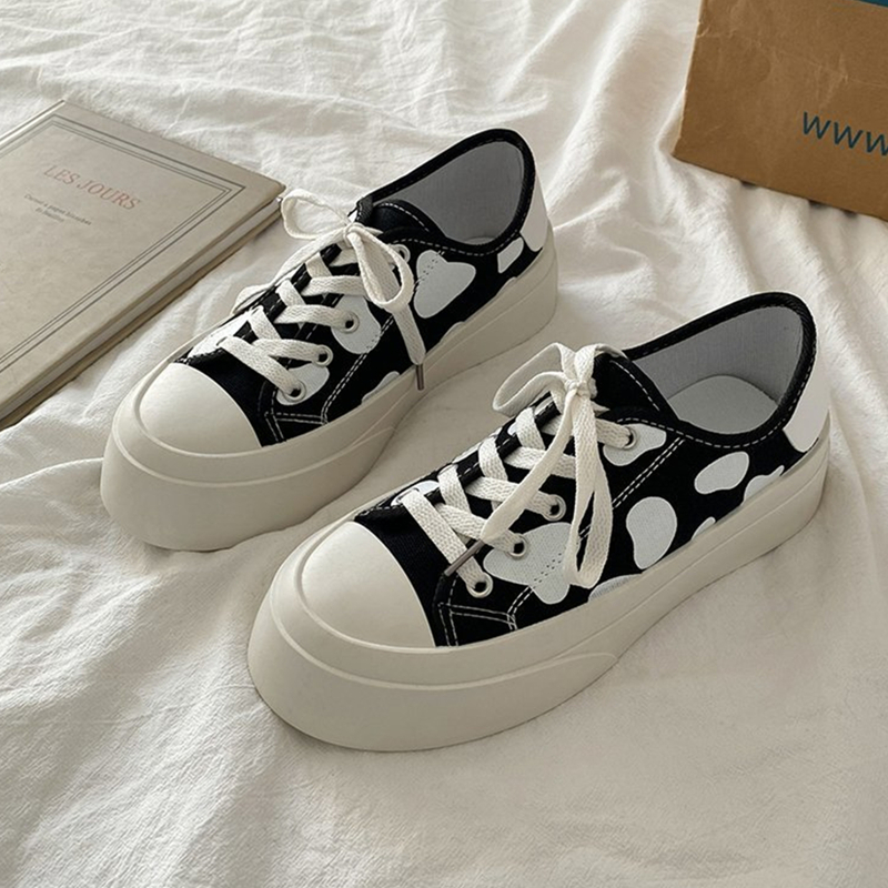 

Cow Print Lace Up Front Canvas Shoes, Black
