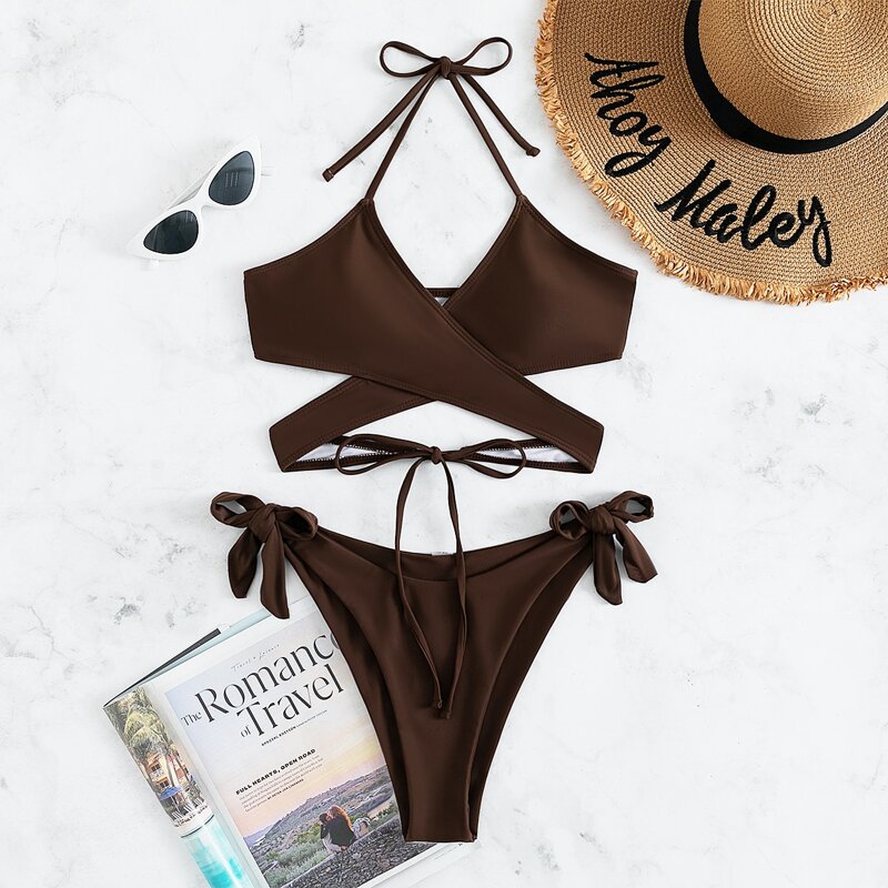 

Wrap Halter High Cut Bikini Swimsuit, Coffee brown