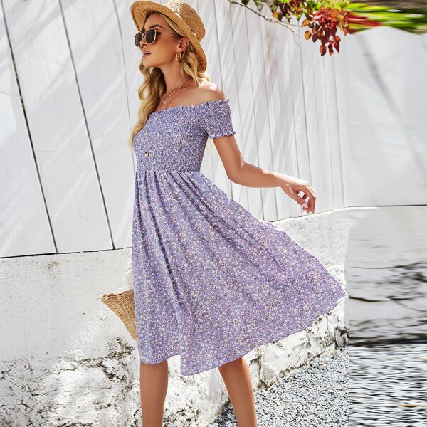 

Off Shoulder Shirred Ditsy Floral Print Dress, Lilac purple