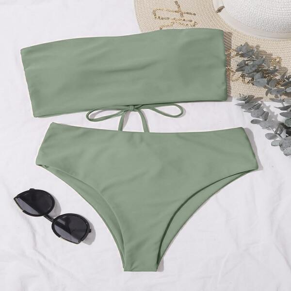 

Lace-up Back Bandeau High Waisted Bikini Swimsuit, Army green
