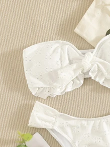 網眼刺繡前打結抹胸比基尼上衣 - 白色 - 查看 3